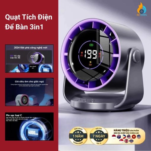 Ez Cool Pro Max–quạt Tích Điện Để Bàn 3in1 Công Nghệ Mát Sâu,Không Tiếng Ồn, Hiển Thị LED Thông Minh