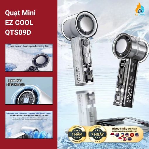 Quạt Mini EZ COOL QTS09 – 100 Tốc Độ, Sò Lạnh Làm Mát Nhanh, Pin 5000mAh, Tặng Dây Đeo