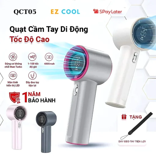 QCT05 - Quạt cầm tay tích điện mini EZCOOL có thể sạc lại, cầm tay, di động, gió mạnh,100 tốc độ gió - Hình ảnh 2