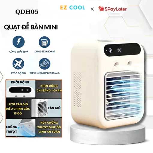 EZ COOL QDH05 – Quạt Điều Hoà Mini Tích Điện | Phun Sương Làm Mát | 2 Cấp Gió | Bình 600ml - Hình ảnh 5